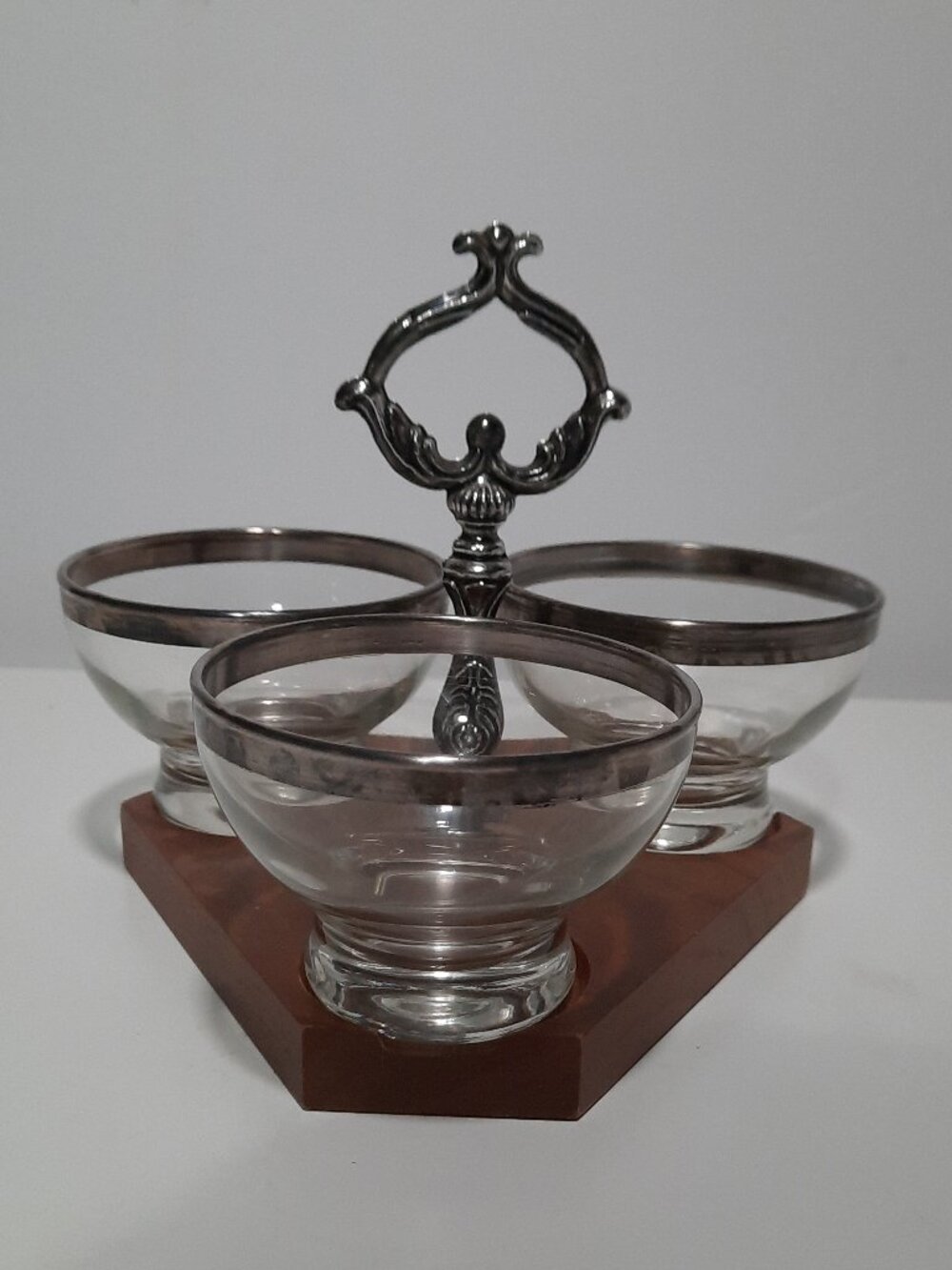Vintage MCM 3 Bowl Silverplate Rim Glass Condiment Relish Caddy Wood Base